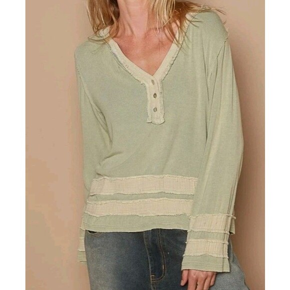 Nwot POL Ribbed Long Sleeve Henley Shirt Top Green Distressee Oversized Small - Picture 1 of 11